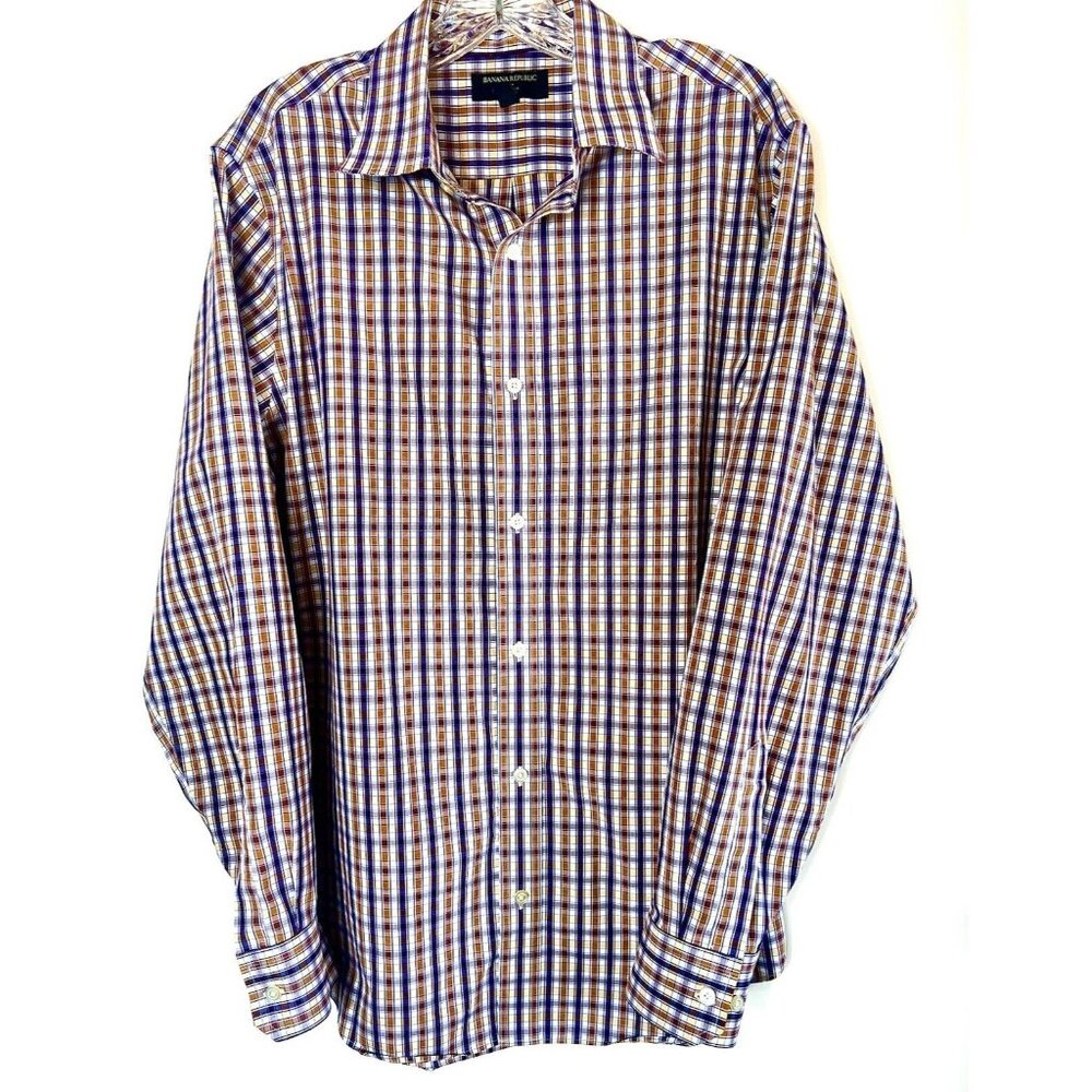 Banana Republic Plaid Long Sleeve Button Up Eggplant And Tan Men’s Size‎ Large